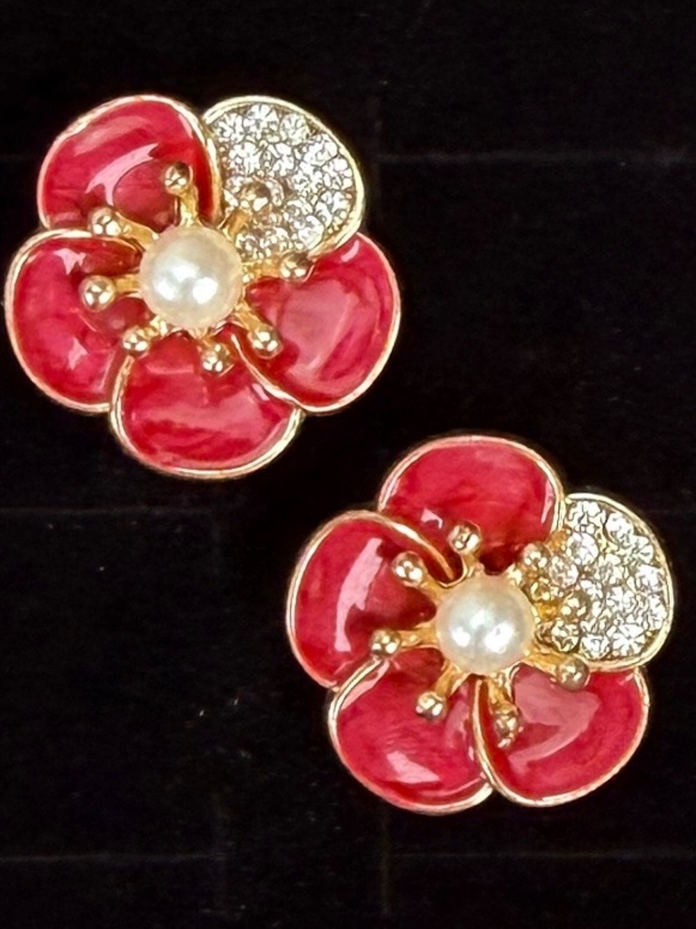 Vintage goldtone bling faux pearl weighted flower pink earrings
